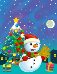 Christmas happy scene with snowman and christmas tree - illustration for the children
