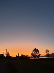 Fototapeta premium Trees silhouette in the bright evening red with the outlines of the wide landscape. space for text