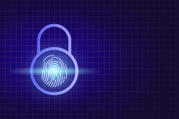 Blue padlock with a fingerprint inside on a dark blue background with copy space. Concept, blockchain symbol, internet security, privacy, identity, security of personal data