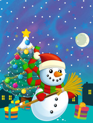 Christmas happy scene with snowman and christmas tree - illustration for the children