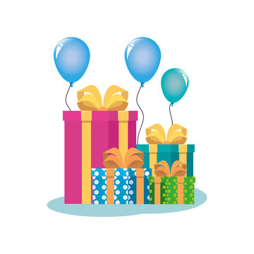 Gifts with balloons design, happy birthday celebration decoration party festive and surprise theme Vector illustration