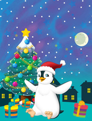 cartoon happy scene with penguin santa and christmas tree - illustration for children