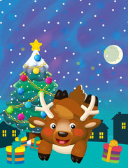 cartoon happy scene with santa claus deer or reindeer and christmas tree - illustration for children