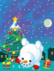Christmas happy scene with snowman and christmas tree - illustration for the children