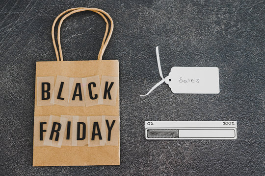 black friday shopping bag with Sales price tag and progress bar loading
