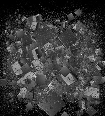 3D rendering of many cubes in space, the cubes scatter after the explosion and are randomly arranged in space