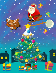 cartoon happy scene with christmas tree and flying santa claus - illustration for children
