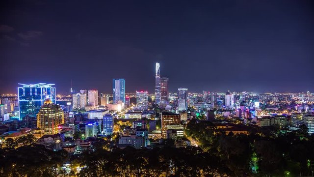 High angle view of Ho Chi Minh City downtown, Vietnam time lapse by night