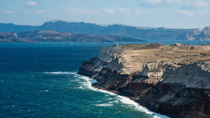 Santorini Island Rock Shore Sunny sky clouds Sea