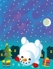 cartoon happy and funny scene with snowman and christmas tree - illustration for children