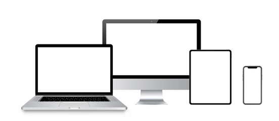Set of computer, laptop, tablet and phone in realistic vector style.