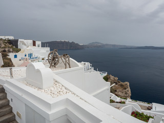 Santorini Island White Buildings Mill Sea Clouds