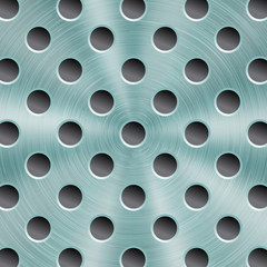 Abstract shiny metal background in light blue color with circular brushed texture and round holes