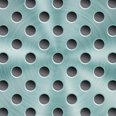 Abstract shiny metal background in light blue color with circular brushed texture and round holes