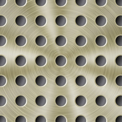 Abstract shiny metal background in golden color with circular brushed texture and round holes
