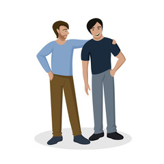 Men friends, in cartoon style. One man hugs another by the shoulder. Support, love, respect, friendship, partnership.