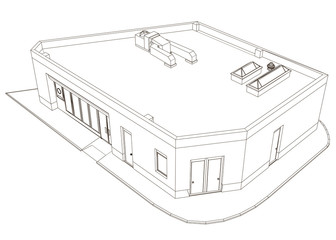 The contour of the building from black lines Isolated on a white background. View isometric. Vector illustration