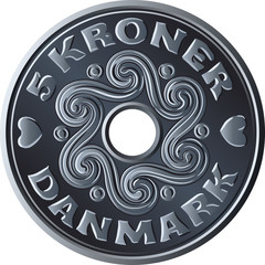 Danish money five krone coin with hole in the middle. Krone, official currency of Denmark, Greenland, and the Faroe Islands.