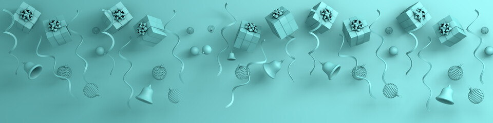 3d rendering of christmas gifts and presents. Gift boxes,christmas and new year ornaments on turquoise background.  Falling gift box,  valentine's day celebrate, Top view, greeting card. Copy scape.