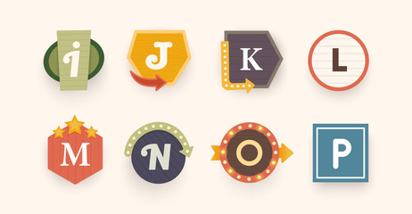 Retro font. Letters on vintage style. Retro signs. Alphabet. Vintage label, emblem and logo. Vector illustration 