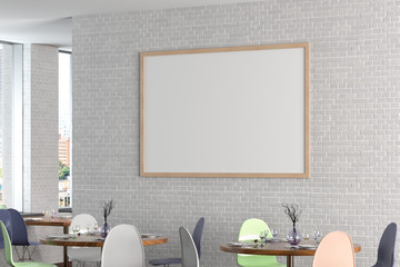 Cafe or restaurant intrerior with blank horizontal poster on the white brick wall. Side view. Clipping path around poster mock up. 3d illustration.
