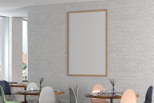 Cafe or restaurant intrerior with blank vertical poster on the white brick wall. Side view. Clipping path around poster mock up. 3d illustration.