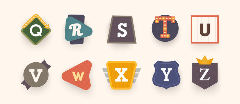 Retro font. Letters on vintage style. Retro signs. Alphabet. Vintage label, emblem and logo. Vector illustration 