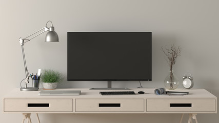 Desk with computer monitor. Workplace in the studio or at home with white wall. Clipping path around display. 3d illustration