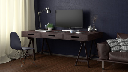 Desk with computer monitor. Workplace in the studio or at home with blue wall. Clipping path around display. 3d illustration