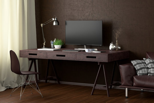Desk with computer monitor. Workplace in the studio or at home with brown wall. Clipping path around display. 3d illustration