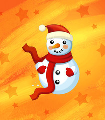 cartoon scene with christmas snowman and stars on abstract orange background for different usage - illustration for children