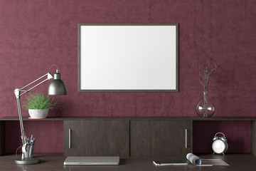 Workspace with horizontal poster mock up on purple wall. Desk with drawers in interior of the studio or at home. Clipping path around poster. 3d illustration.