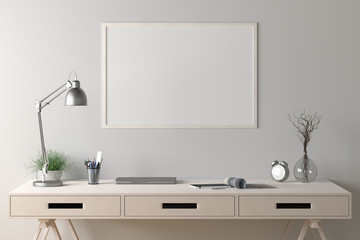 Workspace with horizontal poster mock up on white wall. Desk with drawers in interior of the studio or at home. Clipping path around poster. 3d illustration.