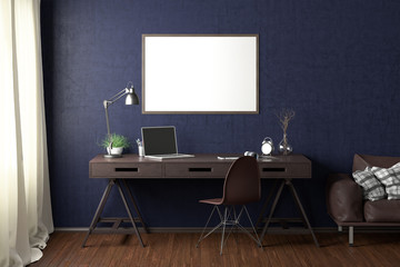 Workspace with horizontal poster mock up on blue wall. Desk with drawers in interior of the studio or at home. Clipping path around poster. 3d illustration.