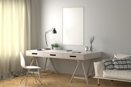 Workspace with vertical poster mock up on white wall. Desk with drawers in interior of the studio or at home. Clipping path around poster. 3d illustration.