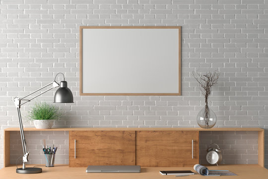 Workspace with horizontal poster mock up on the white brick wall. Desk with drawers in interior of the studio or at home. Clipping path around poster. 3d illustration.