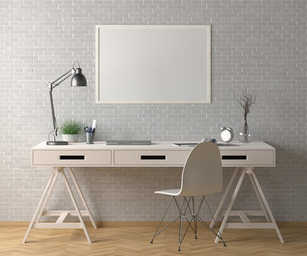 Workspace with horizontal poster mock up on white brick wall. Desk with drawers in interior of the studio or at home. Clipping path around poster. 3d illustration.