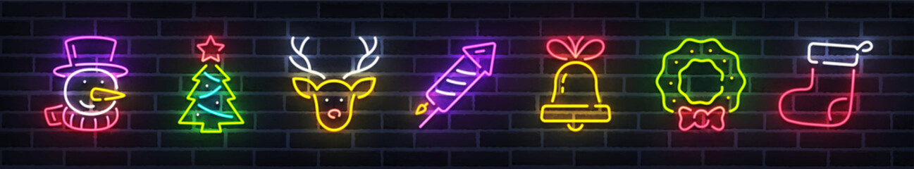 Christmas icon set. Merry Christmas and Happy New Year. Set neon icon, snowman, deer, fireworks, bell, wreath, sock. Bright signboard, light banner. Vector illustration © Vladyslav