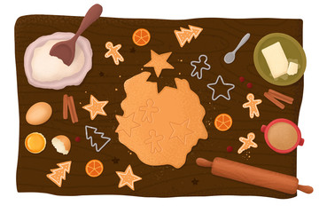 Ingredients For Baking Christmas Cookies. Preparing cookies. Homemade gingerbread cookies with ingredients for Christmas baking and kitchen utensils on table top view. Vector illustration