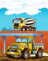 cartoon scene with some industry car and concrete mixer on construction site - illustration for children