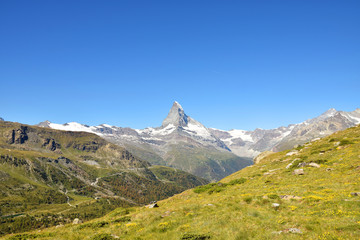 Gorgeous wide view of the Matterhorn with clear blue skies, Zermatt, Switzerland