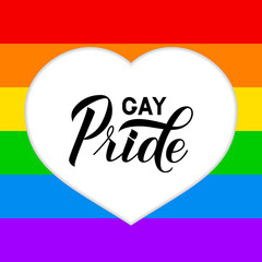 Gay Pride lettering in heart cut off rainbow background. Pride Day, Month, parade concept. LGBT community flag. Easy to edit vector template for banner, poster, t-shirot, flyer, sticker, badge.