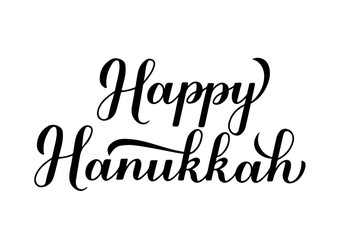 Happy Hanukkah calligraphy hand lettering isolated on white. Jewish holiday Festival of Lights. Easy to edit vector template for banner, typography poster, greeting card, invitation, flyer, t-shirt.