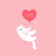 Obraz na płótnie Canvas Cute white cat flies on balloon. Valentines day card, declaration of love. Cartoon vector illustration on a pink background.