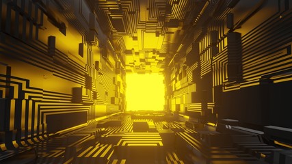 Abstract Sci-Fi Rectangle Futuristic Portal Spaceship Tunnel Glowing Yellow Light Cyber Background 3D Rendering Illustration © Ihor