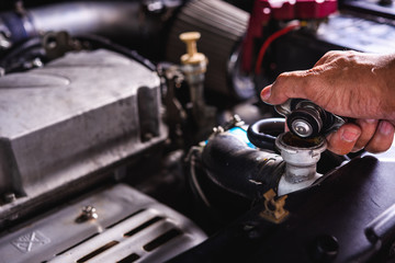 Hand of auto mechanic technician service check cooling water