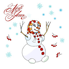 postcard Snowman and inscription New year, color  isolated illustration on white background, snowflakes