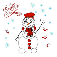 postcard Snowman and inscription New year, color  isolated illustration on white background, snowflakes