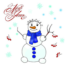 postcard Snowman and inscription New year, color vector isolated illustration on white background, snowflakes