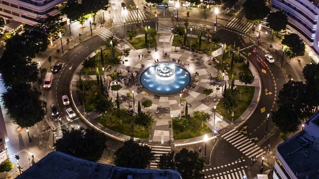 Big roundabout - Aerial hyperlapse - Dizengoff square in tel Aviv, Israel, at night, 4k drone view